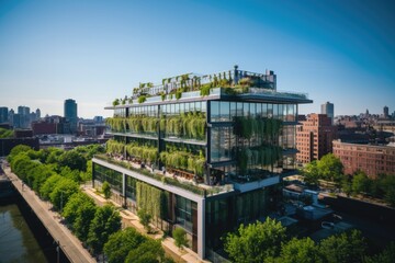 Energy-efficient building stands tall amidst a cityscape. Its design features green walls, solar panels, and energy-efficient windows.