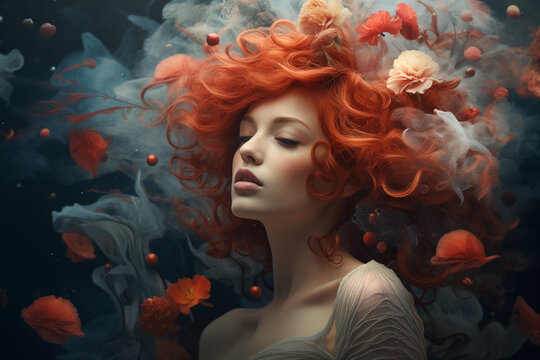 fantasy painting of redhead woman in a dream
