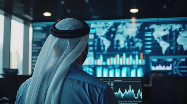 Muslim arab businessman working with floating data visualization screen