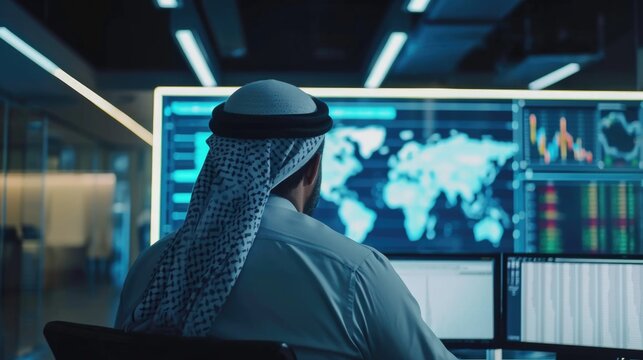 Muslim businessman working with floating data visualization screen
