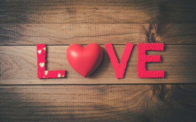 Top view of Red heart on wooden background, LOVE word in wooden cube, Valentine's Day Valentine's day red heart. Happy Valentine's Day red heart on wooden background