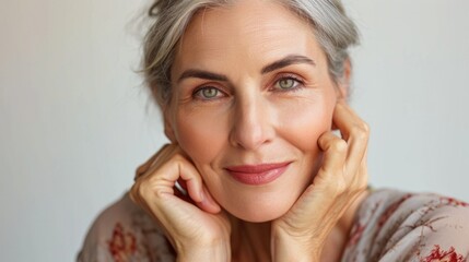 Beautiful gorgeous 50s mid aged mature woman looking at camera isolated on white. Mature old lady close up portrait. Healthy face skin care beauty, middle age skincare cosmetics, cosmetology concept 