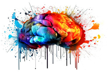 Rainbow brain with splashes of paint on a white background. Generating AI illustration.