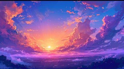 Amazing Landscape Background Sky Clouds Sunset Oil Painting View Wallpaper Landscape Light Colours Purple Anime style Magic and Colorful