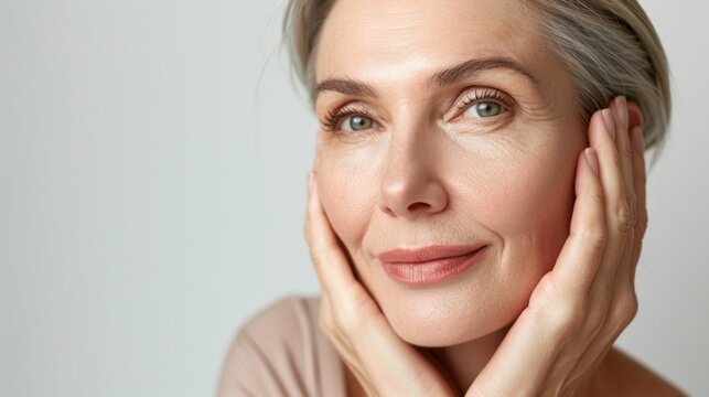 Beautiful gorgeous 50s mid aged mature woman looking at camera isolated on white. Mature old lady close up portrait. Healthy face skin care beauty, middle age skincare cosmetics, cosmetology concept 