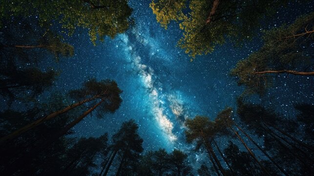 Magic night sky, the Milky Way and the trees. Elements of this image furnished by NASA.