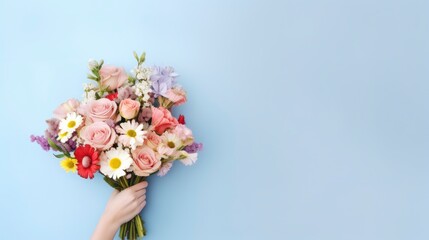 Flower bouquet in woman hand on pastel wall background. Top view.