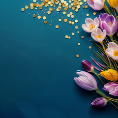 Spring flowers crocuses on blue background square post, copyspace. Colorful flowers, gold confetti,...