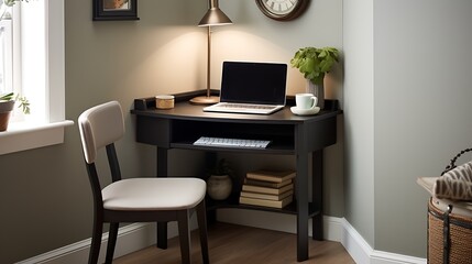A corner desk to maximize space in smaller rooms.