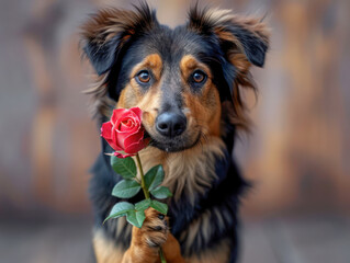 a dog presents a rose to a loved one
