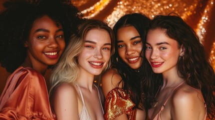 Obraz premium Beauty, diversity festival women happy with shine makeup on dresses together