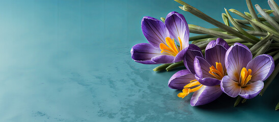 Crocuses violet spring flowers on blue 
 background. Panoramic background banner Mother's Day,...