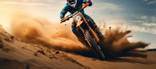Motocross rider riding a motorbike jumping at sunset with dramatic view of dirt track. AI generated - obrazy, fototapety, plakaty