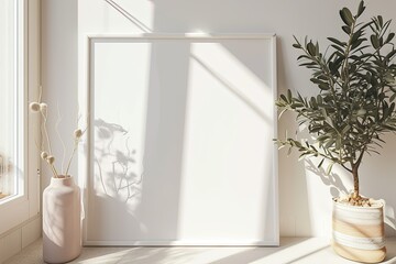 Blank horizontal poster frame mock up in minimal white style living room interior, modern living room interior background