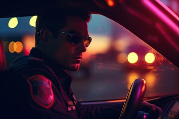 A policeman driving a patrol car during an evening street patrol. View from the cab of the car.