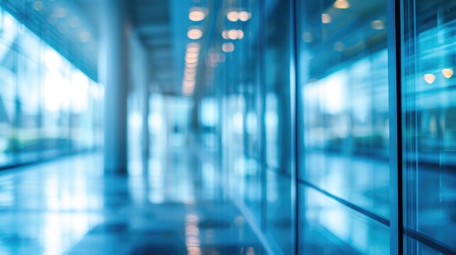 Beautiful blurred background or banner of a light modern office interior with panoramic windows and beautiful lighting.
