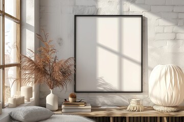 Blank horizontal poster frame mock up in minimal white style living room interior, modern living room interior background