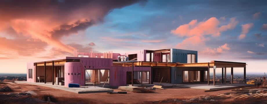 Building construction site with modern concrete and steel on sunset view. AI generated image