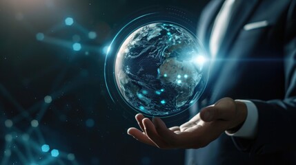 Obraz premium Businessman touching virtual Earth digital globe network 