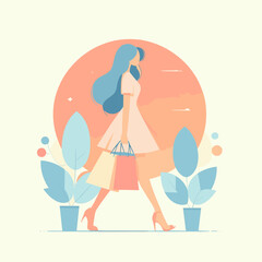 Vector illustration of a girl walking in the park with shopping bags.