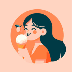 Girl eating ice cream. Vector illustration in a flat style. Girl eating ice cream.