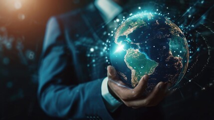 Businessman touching virtual Earth globe 