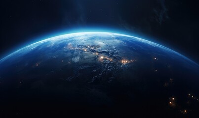 an earth planet that is situated in the dark viewed from space with blue light ring around it. - obrazy, fototapety, plakaty