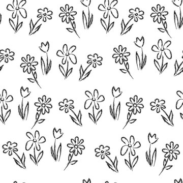 Botanical seamless pattern with hand drawn wild flowers. Pencil monochrome sketch of plants on a white background.