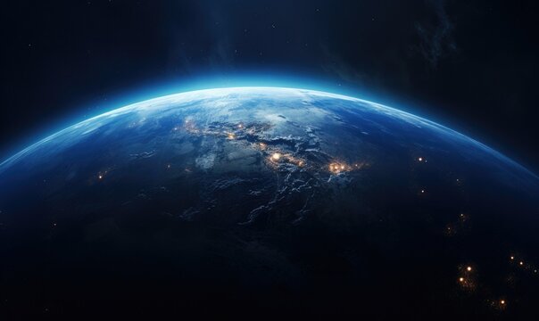 an earth planet that is situated in the dark viewed from space with blue light ring around it.