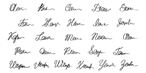 Set of alphabet samples of fake autographs, handwritten inscriptions. Drawn signature letters in ink isolated on a white background.