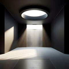 Empty room with black walls, white concrete floor and soft skylight