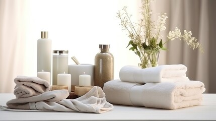 Spa accessories installed in a day spa hotel, health and beauty center. Spa products - towels, candles, aroma oils are placed in a luxury spa salon ready for massage, spa treatments