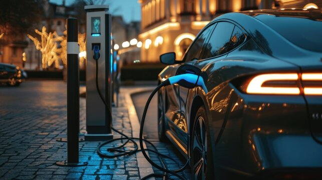 Black car charging at electric car charging station. Electric vehicle charger station for charge EV battery. EV car charging point. Clean energy. Sustainable transportation. Green technology