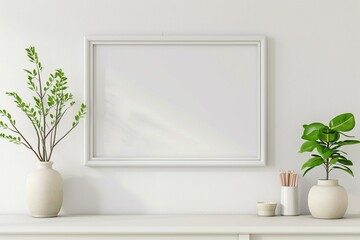 Blank horizontal poster frame mock up in minimal white style living room interior, modern living room interior background
