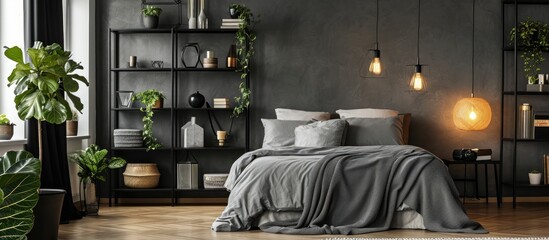 Metal shelf in stylish bedroom interior.