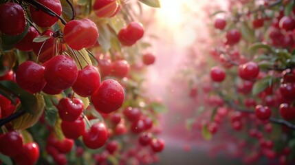 Obraz premium Red and sweet cherries on a branch just before harvest in early summer
