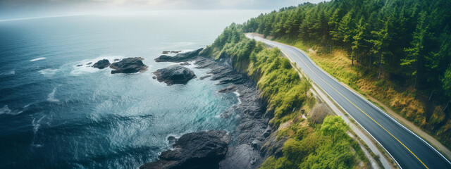 top view of a beautiful road near the ocean - obrazy, fototapety, plakaty