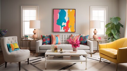 A neutral color palette with bold, colorful accents.