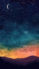 Fototapeta premium Space landscape with silhouette mountains and crescent moon