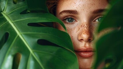 Close up face of redhead young woman covering her face by green monstera leaf while looking at camera. Portrait of beauty woman with natural makeup and freckles standing behind big green lea - obrazy, fototapety, plakaty
