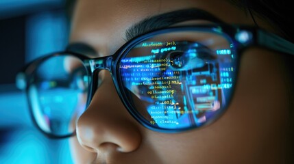 Close up image of computer programming code reflecting on developer woman's glasses