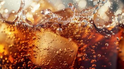 Soda with Ice. Close up of the ice cubes in cola water. Texture of carbonate drink with bubbles in glass. Cola soda and ice splashing fizzing or floating up to top of surface. Cold drink background. - obrazy, fototapety, plakaty