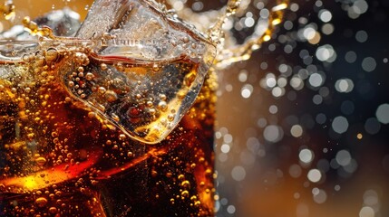 Cola with Ice. Close up of the ice cubes in cola water. Texture of carbonate drink with bubbles in glass. Cola soda and ice splashing fizzing or floating up to top of surface. Cold drink background.