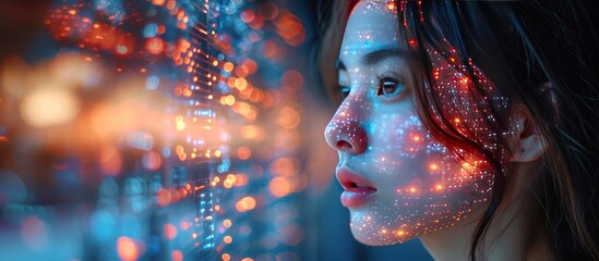 Double exposure of woman and man face combined with colorful lights