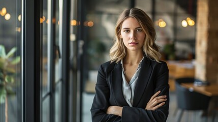 Confident proud young professional business mature woman ceo, female corporate executive leader, lady lawyer wearing suit standing arms crossed in office near glass wall, portrait.