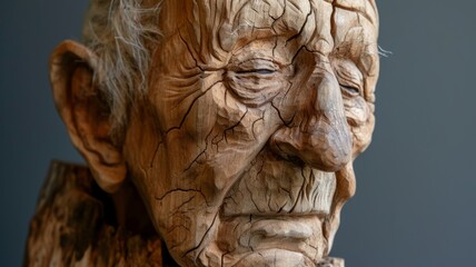 Obraz premium Portrait of an elderly man carved from wood. Wooden sculpture of a man with many age cracks in the wood 