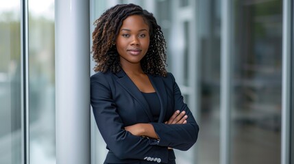 Confident proud young professional business woman ceo, female corporate executive leader, African American lady lawyer wearing suit standing arms crossed in office near glass wall, portrait.