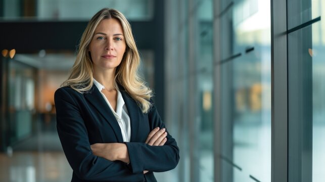 Blonde confident proud young professional business mature woman ceo, female corporate executive leader, lady lawyer wearing suit standing arms crossed in office near glass wall, portrait. 