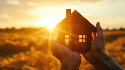 Couple cherishing their First house con-apt with two people holding small house silhouette in front of the sun light 
