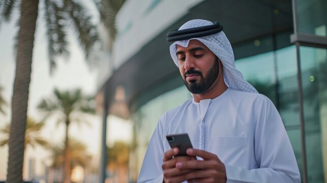 Corporate Arab Emirati man using mobile cell smartphone wearing kandura dishdasha at an business location